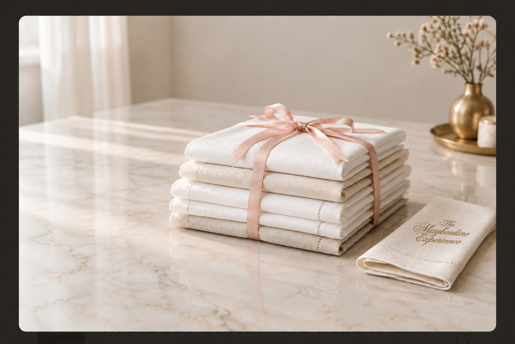 A stack of folded linen napkins tied with a pale pink ribbon on marble, with a single folded napkin to the right embroidered in gold script.