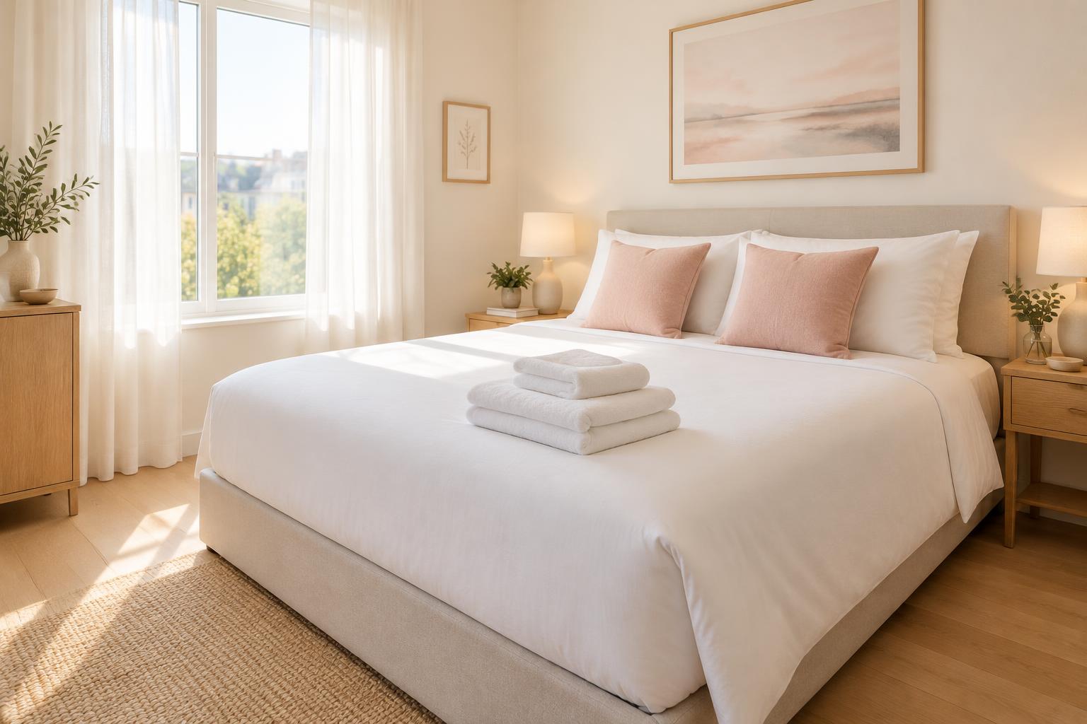 A bed made hotel-style with stacked towels.