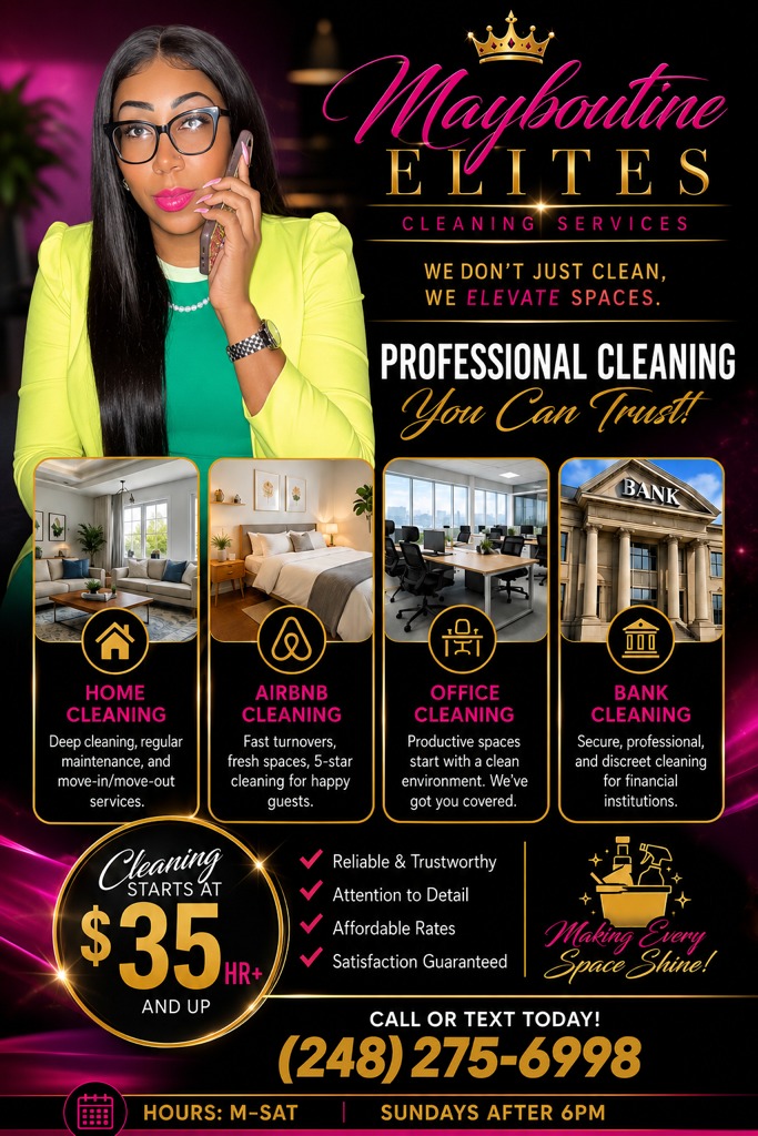 Mayboutine Elite's Cleaning Services flyer listing home, Airbnb, office and bank cleaning, rates starting at $35/hr.