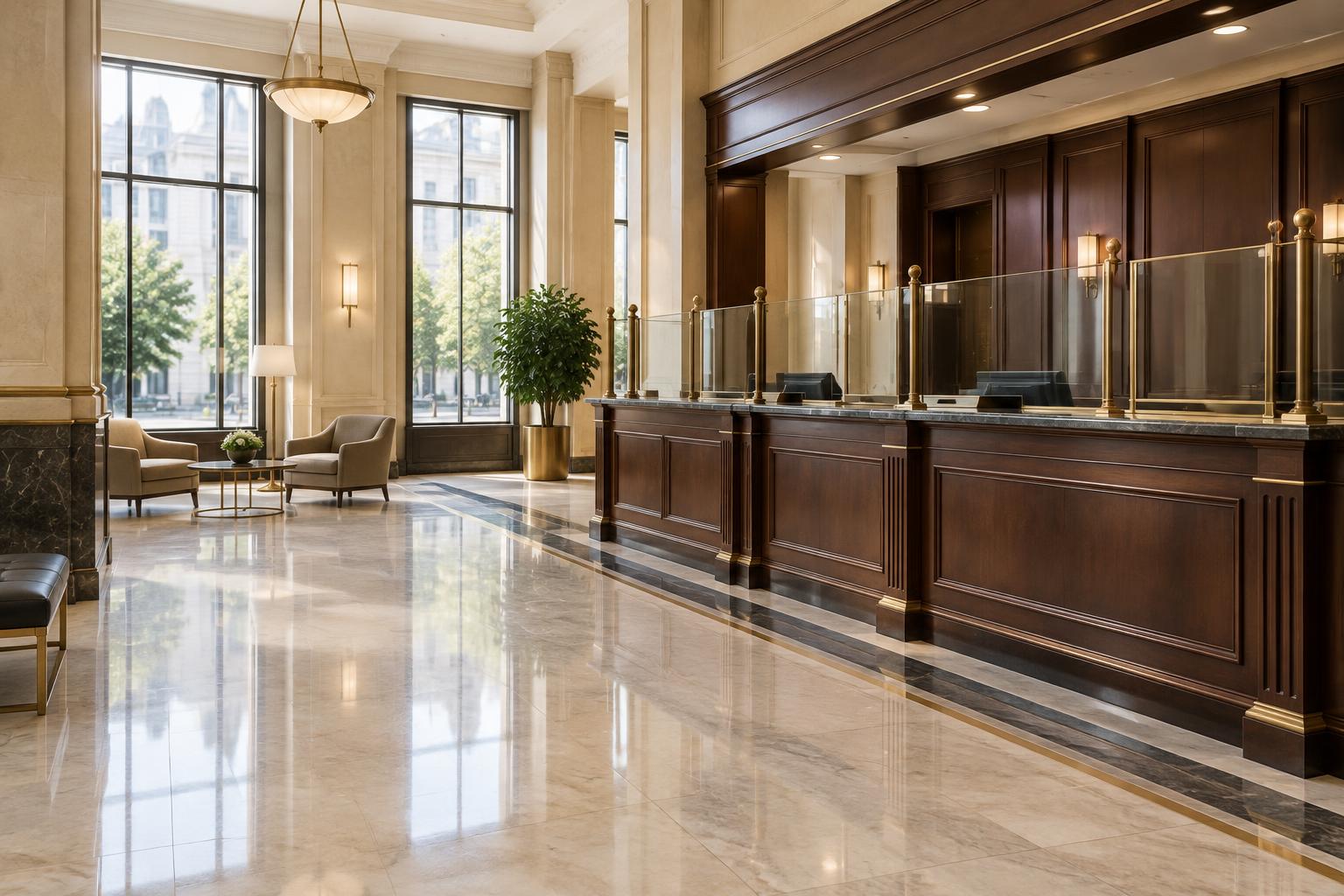 A bank lobby with a polished marble floor.