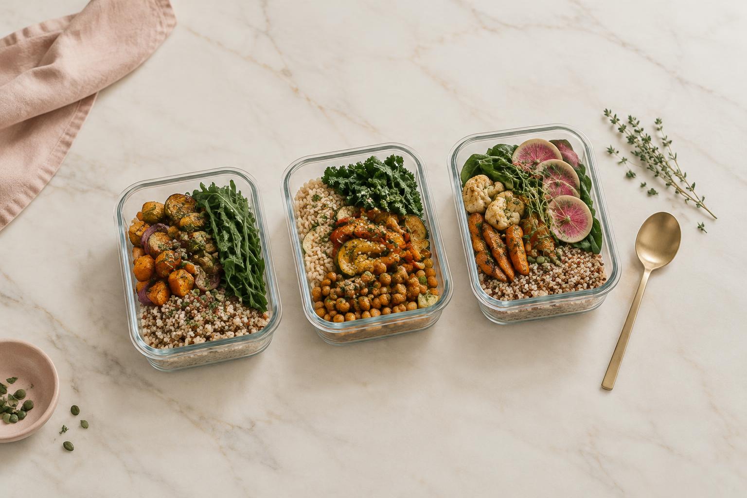 Three glass containers of grains, roasted vegetables and greens arranged on a marble counter.