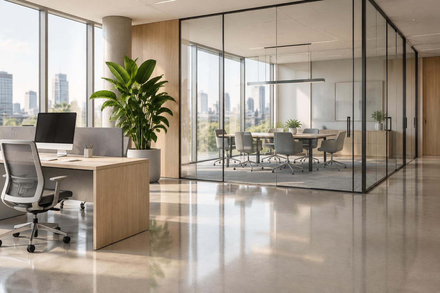 An uncluttered modern office with clean glass.